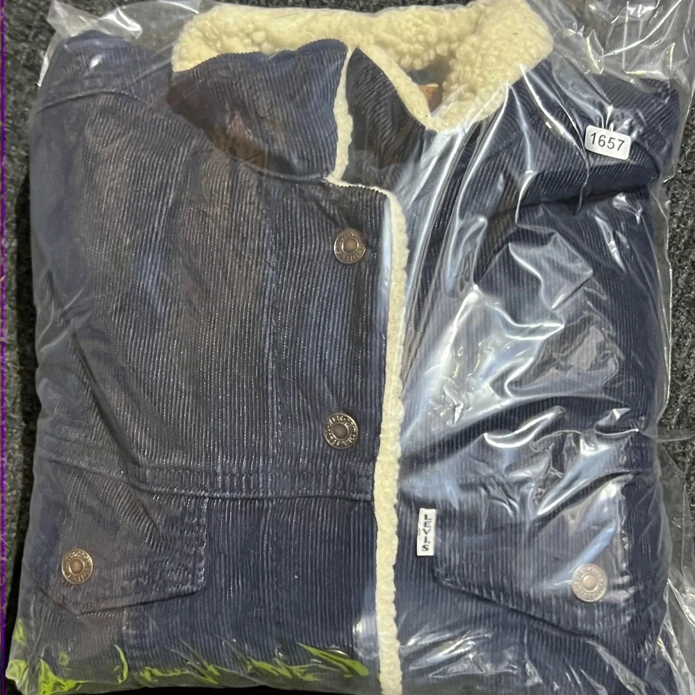 Levis Trucker Jacket Mens Medium Navy Blue Corduroy Sherpa Lined Premium